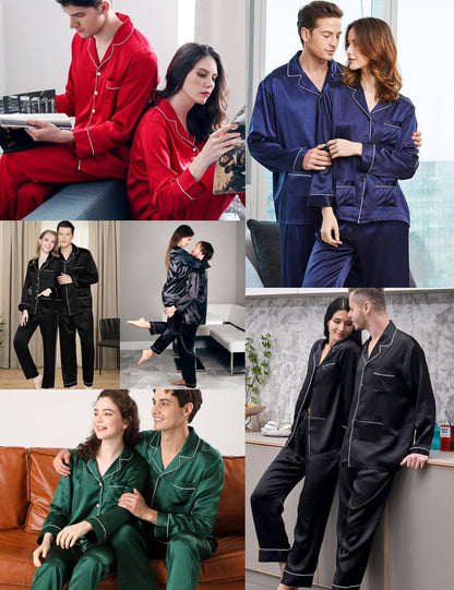 SWOMOG Couples Matching Pajamas Set Women & Men Satin Long Sleeve Sleepwear Soft Button Down Pj Set Silk Loungewear Women Reda Medium