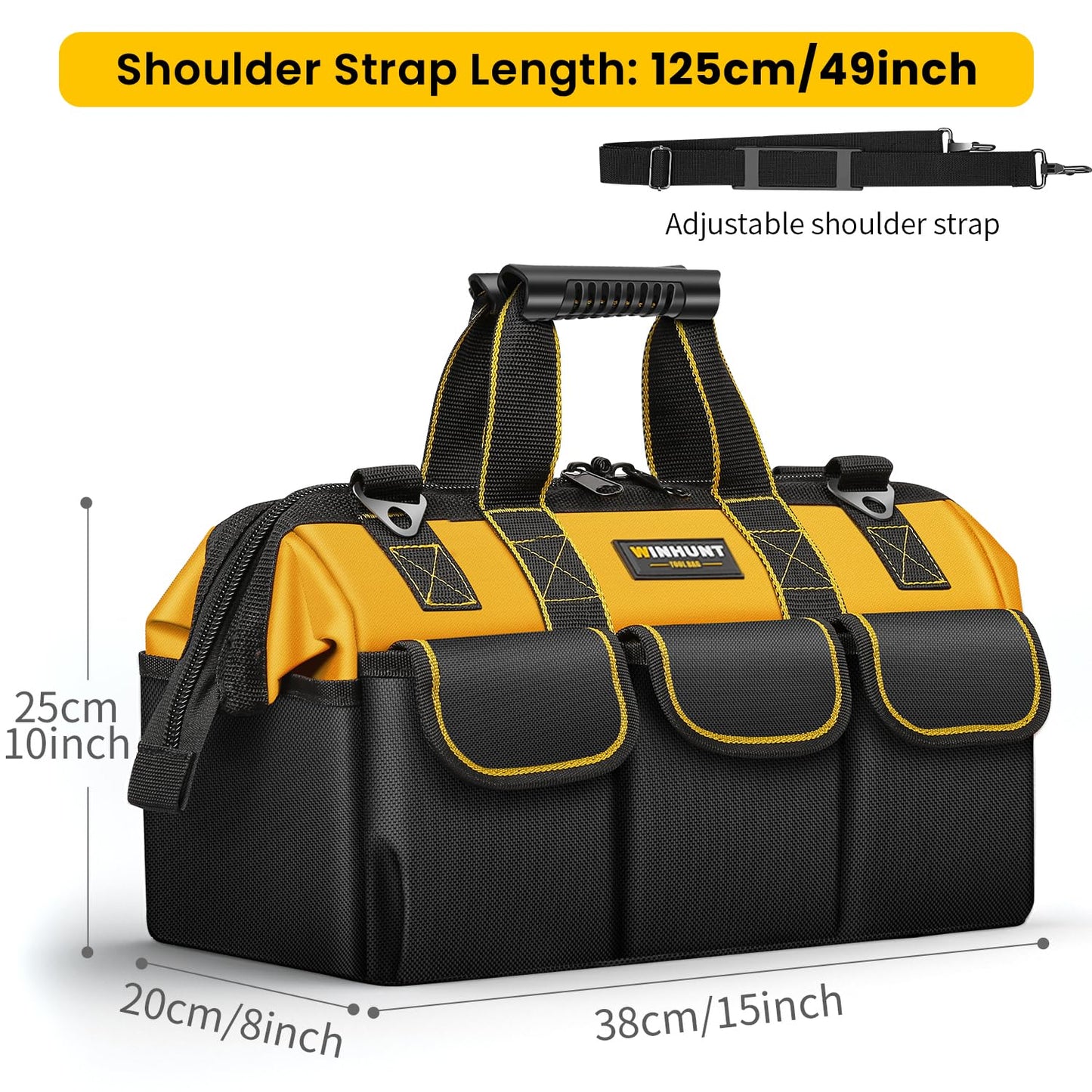 WINHUNT Heavy Duty Tool Bag with Adjustable Shoulder Strap, Waterproof Wide Open Mouth Tools Storage Organiser, 15 Inch, Yellow