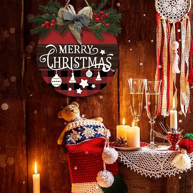 Merry Christmas Door Sign Xmas Buffalo Plaid Hanging Signs With Bow And Wreath Christmas Stars Wooden Sign for Front Door for Holiday Rustic Farmhouse Outdoor Wall Window Decor 12 Inch