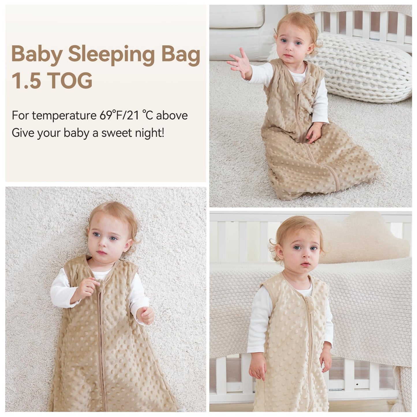 Unnivoll Baby Sleeping Bag 1.5 Tog with Plush Dots Sleep Bag 2 Pack Baby Sleep Sack Wearable Blanket for Newborn Infant 0-6 Months Coffee