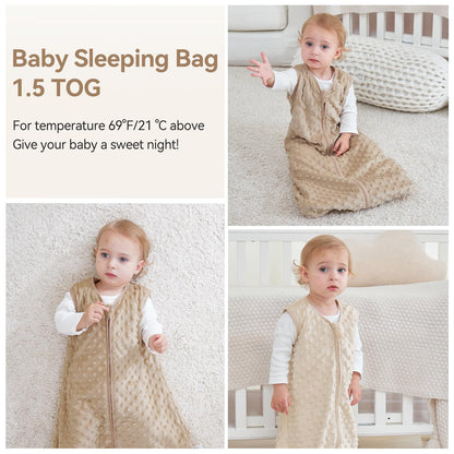 Unnivoll Baby Sleeping Bag 1.5 Tog with Plush Dots Sleep Bag 2 Pack Baby Sleep Sack Wearable Blanket for Newborn Infant 0-6 Months Coffee