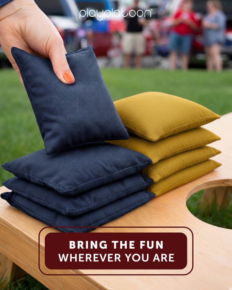 Play Platoon Weather Resistant Cornhole Bags - Set of 8 Regulation Corn Hole - Navy Blue & Gold - Durable Duck Cloth Corn Hole for Tossing Game, Includes Tote Bag