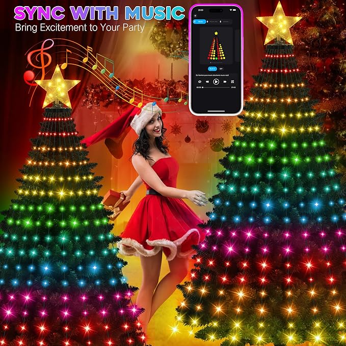Smart Ring Christmas Tree Lights with Star Topper Indoor Outdoor - 7.5Ft x 20 Lines String 400 Optimum LED Easy App Control Images Color Changing Timer Remote Waterproof for 7 7.5 8 Ft Xmas Trees