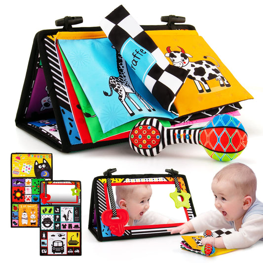 3-in-1 Tummy Time Mirror with Soft Crinkle 3D Activity Book, Teethers, Rattle - High Contrast Black and White Montessori Baby Crawling Toys Developmental Newborn Infant Sensory Toys Gift 0-12 Months