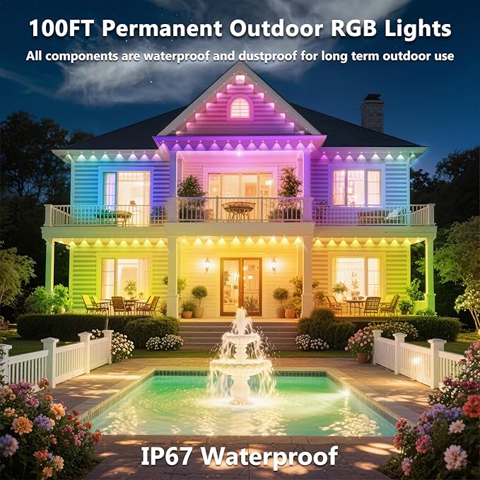 100FT Permanent Outdoor RGB Lights, IP67 Waterproof Smart Eave Lighting, with App/Remote Control Eaves Light, DIY LED Scenes Modes for House Roof Decor,Christmas,Party
