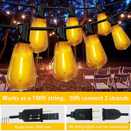 DAYBETTER Outdoor String Lights Waterproof LED Edison Outside Lights, 2200K 34 Shatterproof ST38 Bulbs, Hanging Umbrella Lite for Garden Camping Patio Porch Backyard Deck Balcony