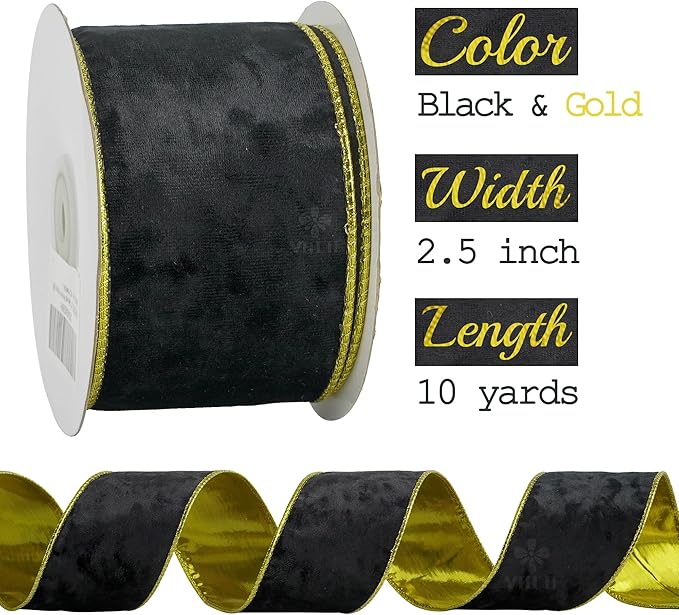 MEEDEE Black and Gold Velvet Ribbon 2.5 inch with 10 Yards Spool Two Tone Velvet Wired Ribbon for Gift Wrapping, Halloween Wreaths, Christmas Tree, Large Bow, Crafts Supply
