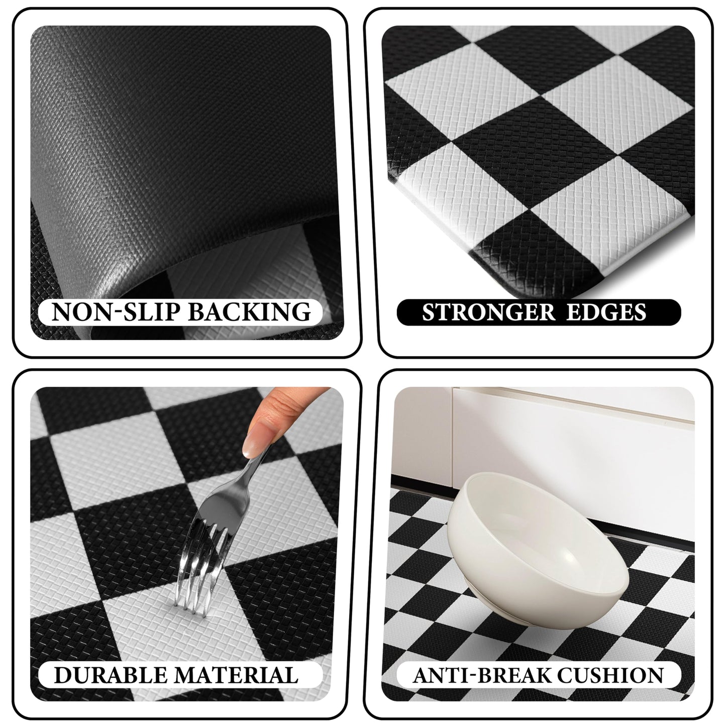 VivaNest Black Checkered Grid Checkerboard Kitchen Rug Sets [2 PCs], Anti-Fatigue, Waterproof Non-Slip Kitchen Mats Heavy Duty Ergonomic Comfort Foam Rug for Floor, Home, Laundry,17"x29"+17"x47"