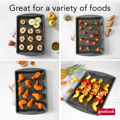 GoodCook 15” x 10.5” Nonstick Carbon Steel Baking Pan & Raised Wire Rack – Pizza Crisper, Crispy Bacon, Multipurpose Cooking Sheet Pan, Cooling Rack, Kitchen Cookware Set, Dishwasher Safe