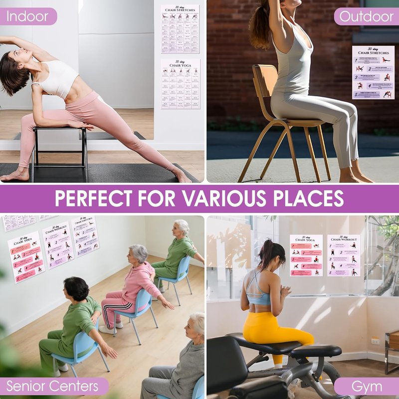 Karlaris 30-Day Chair Yoga Chart Set - 6-Pack Office Workout Posters for Seniors | Gentle Stretching & Seated Exercises