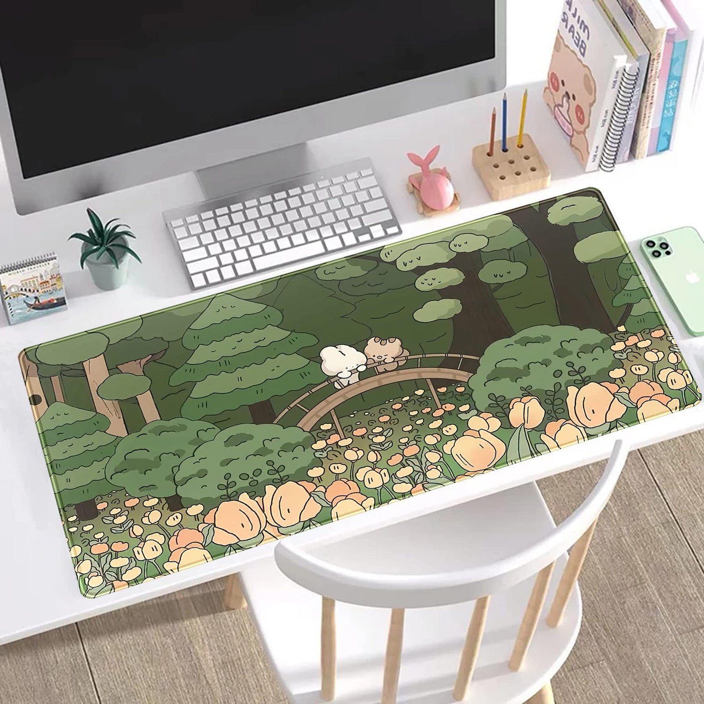 Anime Forest Desk Mat,Cute Green Mouse Pad,Kawaii Aesthetic Full Desktop Pad XXL Gaming Mousemat XL, Extended Korean Animals Bear Bunny Keyboard Mat Large 31.5x15.7 Inch Non-Slip&Stitched Edges