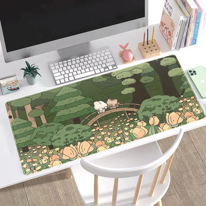 Anime Forest Desk Mat,Cute Green Mouse Pad,Kawaii Aesthetic Full Desktop Pad XXL Gaming Mousemat XL, Extended Korean Animals Bear Bunny Keyboard Mat Large 31.5x15.7 Inch Non-Slip&Stitched Edges