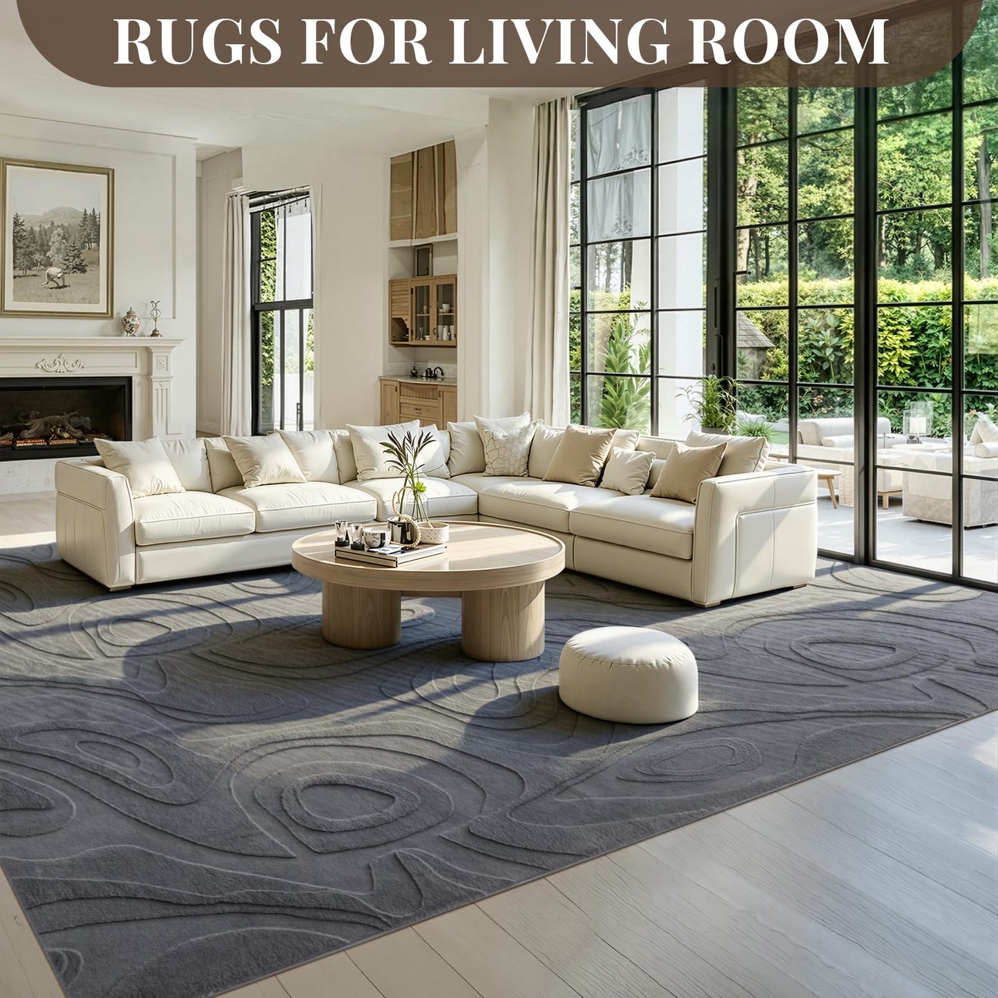 UKISS Washable Rugs 8'x10' Area Rugs for Living Room ，Ultra Soft Faux Rabbit Fur Embossed Rug for Bedroom, Non Slip&Non-Shedding Low Pile Large Carpets for Home Decor Gray
