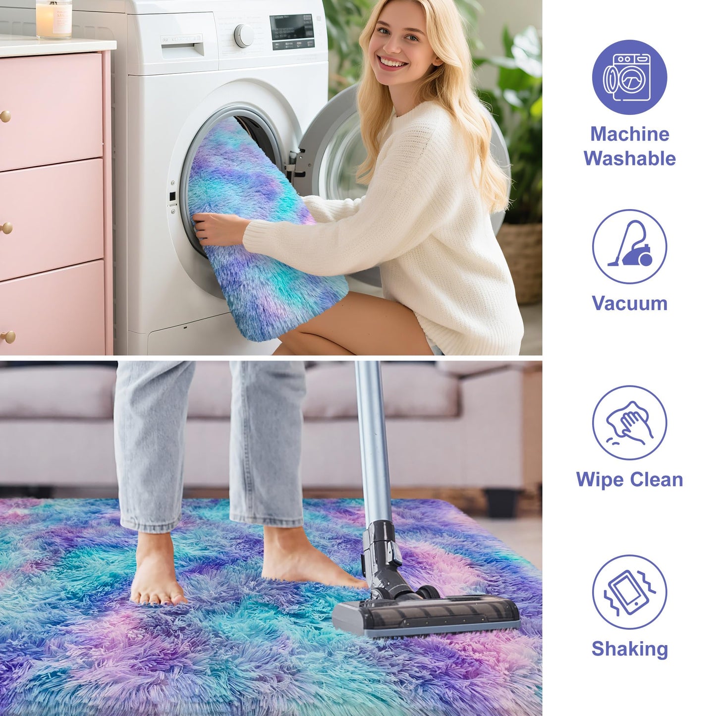 TENNOLA Shaggy Tie Dyed Light Blue Purple Runner Rug 2x6 ft Bedside Area Rugs for Living Room, Anti-Skid Extra Comfy Fluffy Floor Carpet for Indoor Hallway Home Decorative