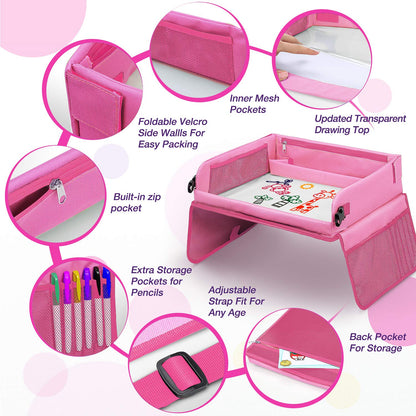 lenbest Travel Tray, Indoor & Outdoor Learning Educational Toys Play Tray Lap Desk with Dry Erase Top - 6 Pens & 5 Drawing Papers - Multifunctional Activity Tray for Kids Toddlers Boys Girls (Pink)