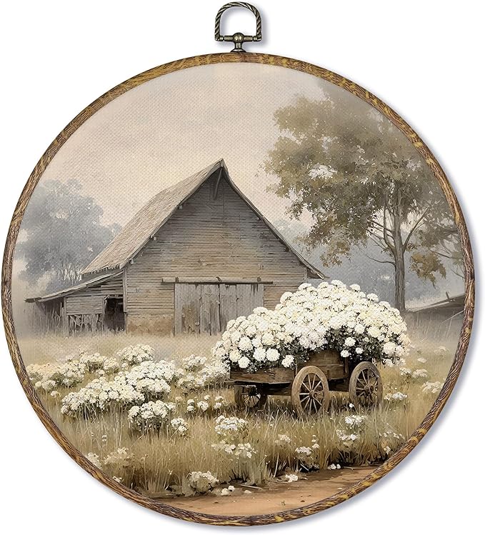 Fewgb Vintage Barn Farmhouse Round Wall Art Decor Framed for Kitchen Bedroom Living Room, Rustic Farm House Canvas Wall Art Prints Picture, Country Cottagecore Hanging Room Decor Artwork 10x10