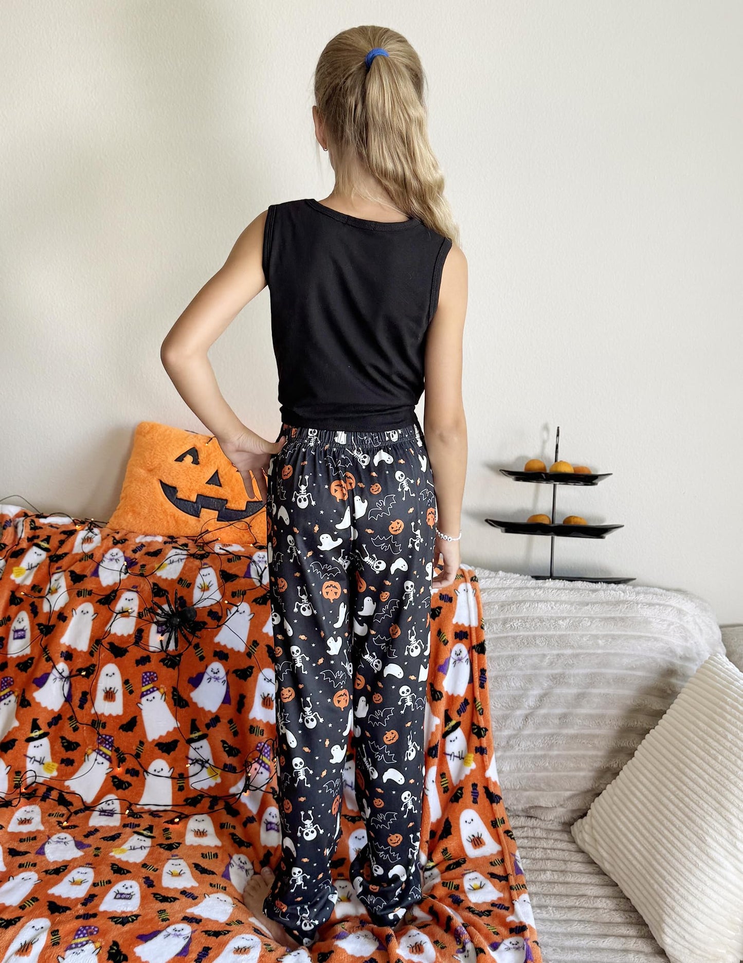 Arshiner Girls Pajama Pants Kids Plaid Pj Pants Comfy Lounge Sleepwear Bottoms with Pockets Black Halloween 11-12 Years