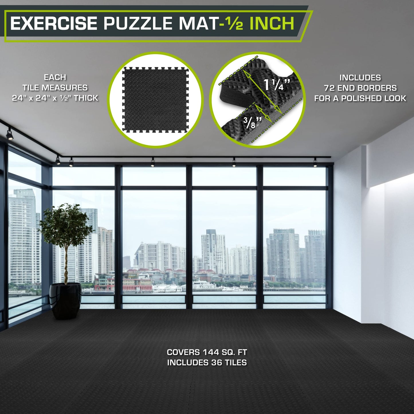 ProsourceFit Puzzle Exercise Mat ½ in, EVA Interlocking Foam Floor Tiles for Home Gym, Mat for Home Workout Equipment, Floor Padding for Kids, Black, 24 in x 24 in x ½ in, 24 Sq Ft - 6 Tiles