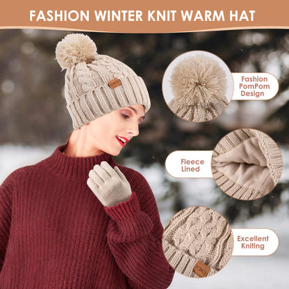 Women Winter Knit Warm Hat Beanie Gloves Set Pom Fleece Lined Hat with Touchscreen Gloves