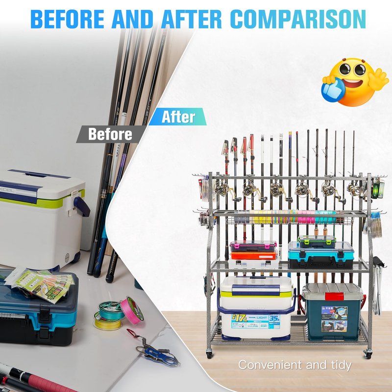 PeBro Fishing Pole Holders, Fishing Rod Holders for Garage, Fishing Rod Holder for Fishing Rod Tackle Box Reel Storage, All-In-One Fishing Rod Rack with Hooks and Wheels