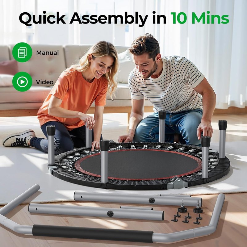 BCAN Foldable Mini Trampoline - Fitness Rebounder for Adults, Max Load 440lbs | Adjustable Foam Handle, Indoor/Garden Use