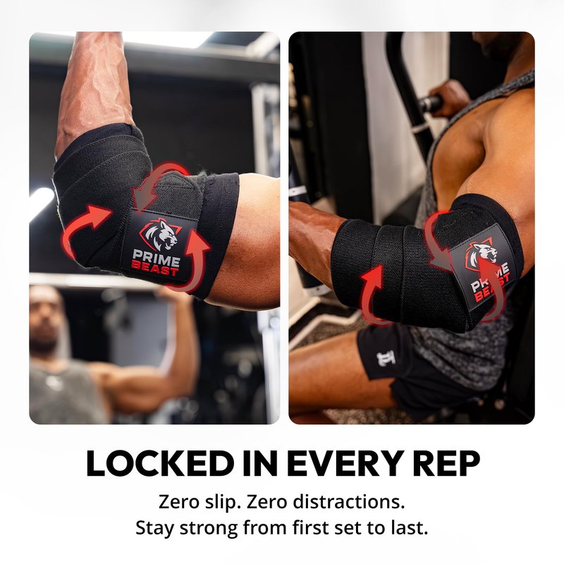 Prime Beast Hybrid Elbow Wraps for Weightlifting, Compression Sleeve and Adjustable Wrap Support for Bench Press, Powerlifting, and Gym Training (1 Pair) (Black, Medium)