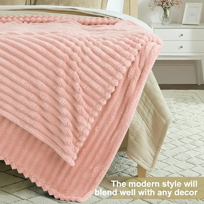 decorUhome Soft Fleece Pink Throw Blanket for Couch, Cozy Fluffy Plush Flannel Striped Blanket for Sofa Bed, Lightweight Decorative Ribbed Fuzzy Blanket for Woman, 50x60 Inches