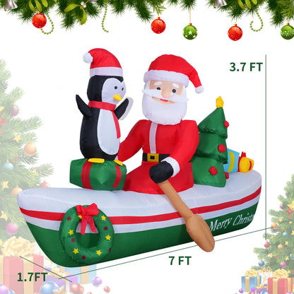 Double Couple 7FT Christmas Inflatable Santa Rowing Boat with Penguin/Christmas Tree/Gifts/Garlands Xmas Blow Up with Build-in LEDs Lights for Outside Indoor Party Garden Lawn