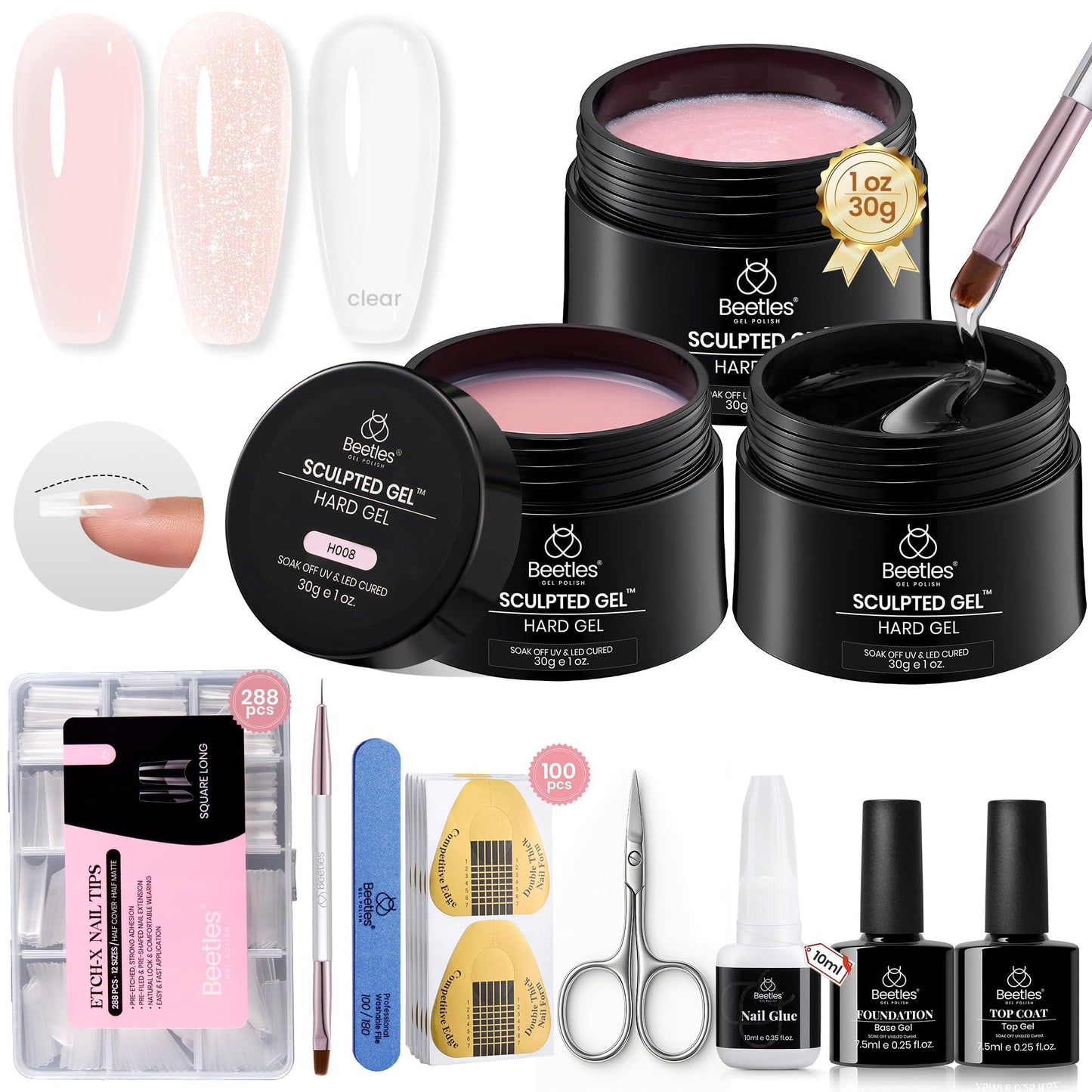 Beetles Builder Gel for Nails-3 Colors 9 in 1 Nail Extension Sculpting Building Clear Nude Pink Hard Gel Kit with Base Top Coat for Pros Women,UV & LED Lamp Cured Needed