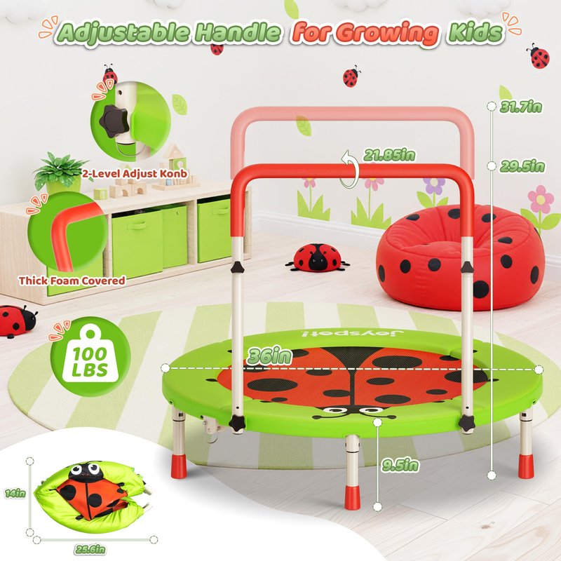 3FT Toddler Trampoline, 36” Foldable Mini Trampoline with Adjustable Handle for Kids Ages 3-6, ASTM Certified Indoor Outdoor Kids Jumper with Safety Padded Cover, Boy Girl Gift Supports 100LBS