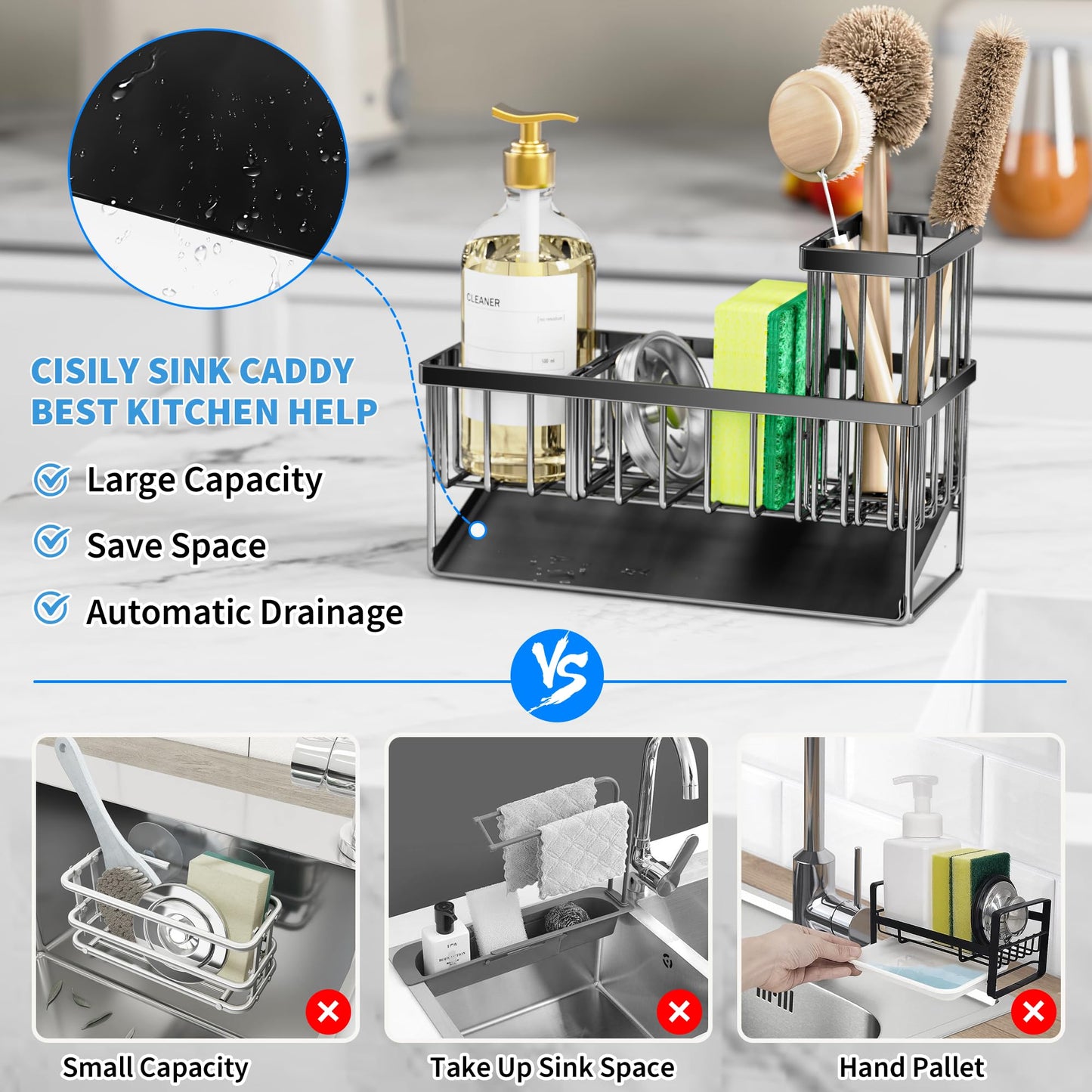 Cisily Kitchen Sink Caddy Organzier with High Brush Holder, Sponge Holder for Sink, 304 Rustproof Stainless, Kitchen Countertop Soap Dispenser Organizer, Kitchen Decor and Accessories