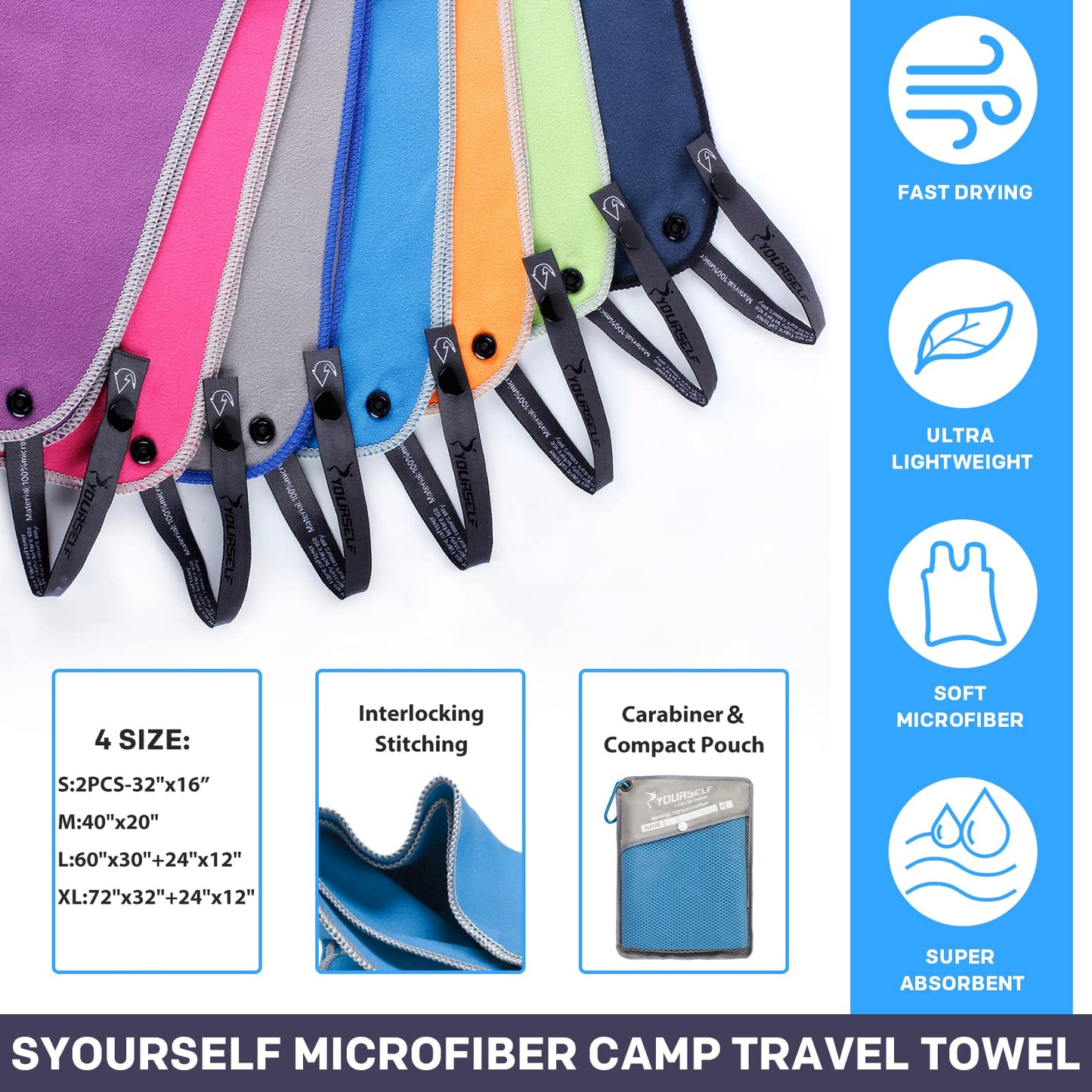 SYOURSELF Microfiber Camping Towel, Quick Dry Towel, Soft Absorbent Compact Travel Gym Workout Sweat Towel for Beach Yoga Swim Travel Camping Hiking Backpack Essentials (M:40"x20")