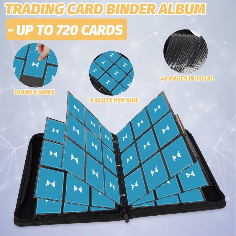 GERMUN 3 Ring 9 Pocket Zipper Card Binder, 720 Double Sided Standard PU Trading Card Album Folder for TCG & Sports Cards, Not Fit Top Loaders (Grass Green)