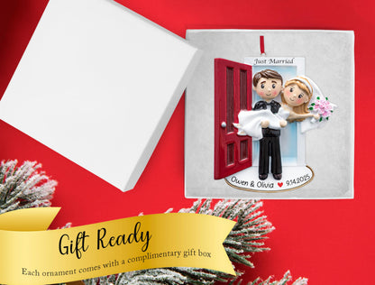 UniqXmas Personalized Our First Christmas Married Ornament 2025 | Customized Wedding Couple Threshold, Groom Carrying Bride for Xmas Tree | Just Married Newlyweds Marriage Keepsake | Custom Name Year