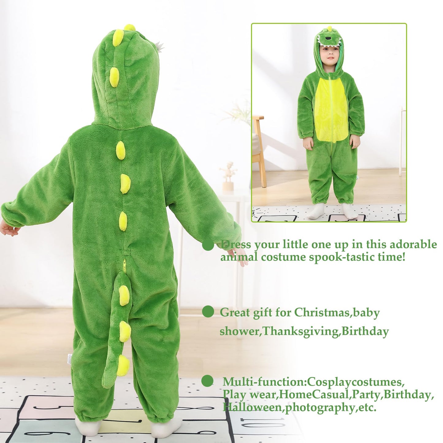 TONWHAR Kids' And Toddlers' Infant Tiger Dinosaur Animal Fancy Dress Costume Outfit Hooded Romper Jumpsuit (4T/Height:40"-43", Green Dinosaur)
