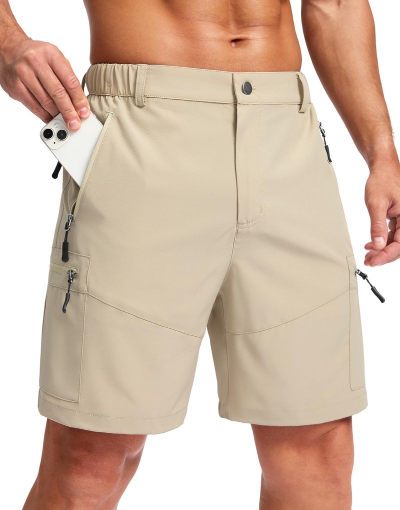 Pudolla Men's Hiking Cargo Shorts Lightweight 7" Travel Casual Shorts for Men Golf Work Outdoor with 5 Zipper Pockets(Khaki Medium)