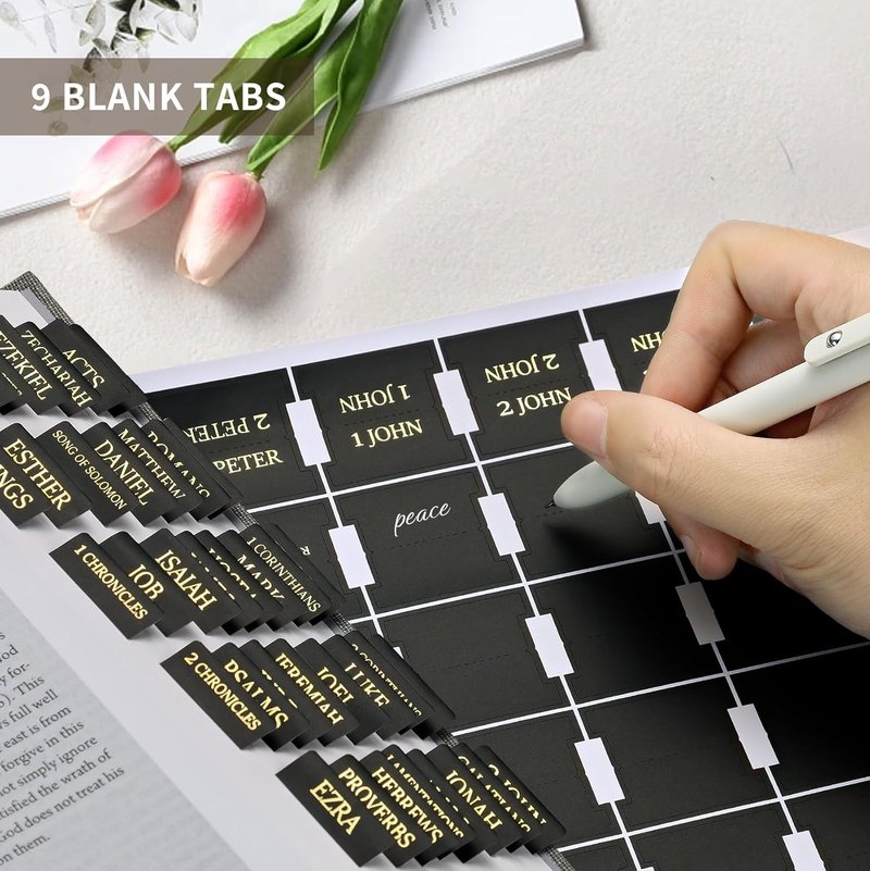 Bible Tabs for Easy Navigation | Large Print Index Tabs for Study Bibles - 66 Tabs + 9 Blank Tabs - Black