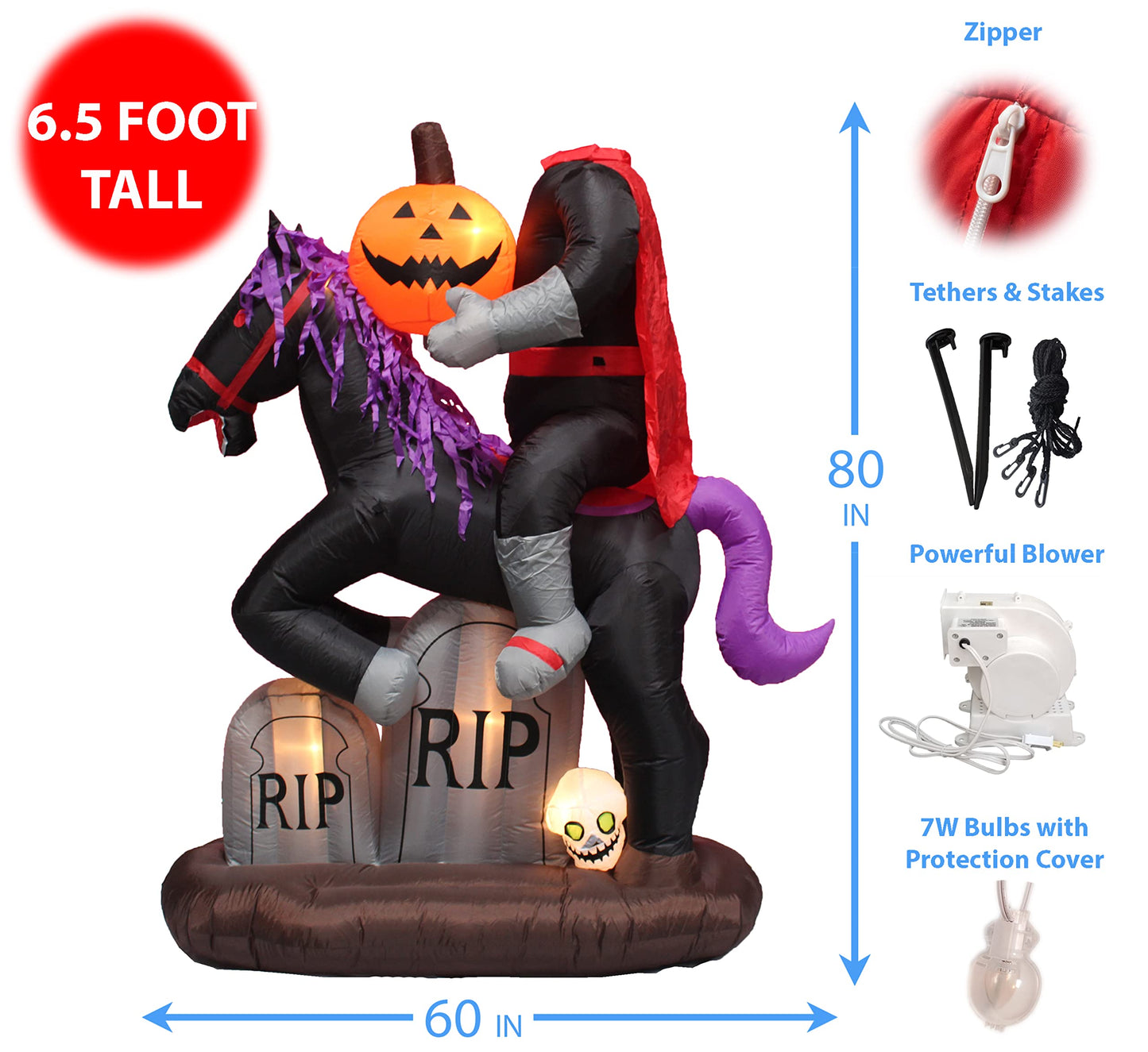 BZB Goods 6.5 Foot Tall Lighted Halloween Inflatable Headless Horseman with Horse Tombstones Skull and Pumpkin Lights
