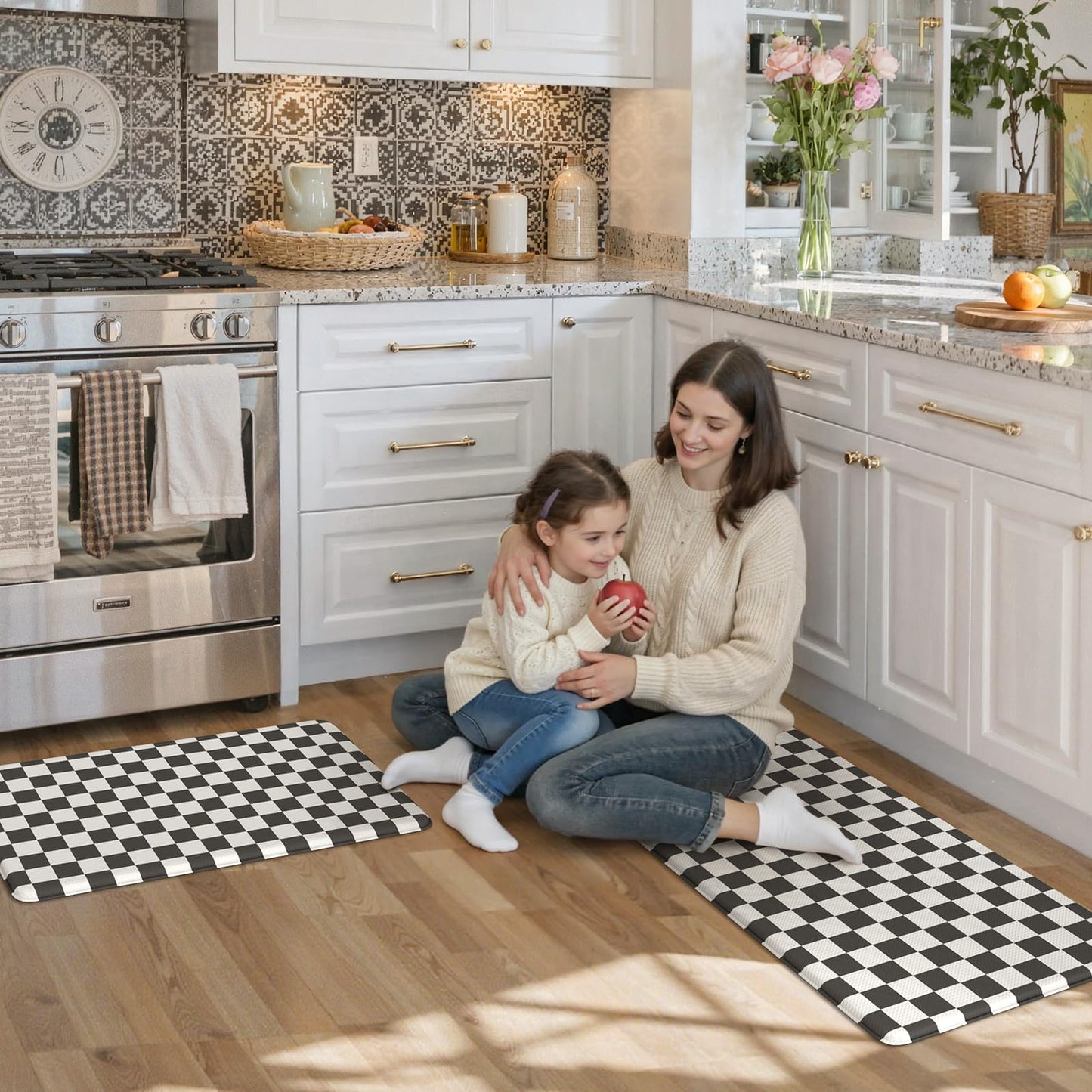 KIMODE Anti Fatigue Kitchen Mat for Floor, 17"x47"+17"x29" Checkered Kitchen Rugs Sets of 2, Kitchen Floor Mats Non-Slip, Cushioned Standing Desk mat for Sink Laundry Office Black and White