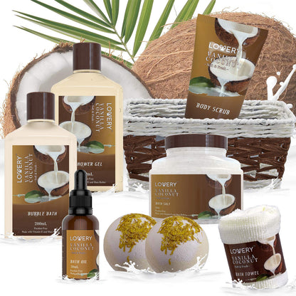 Gifts For Women Gift Basket for Women– 9 Piece Set of Vanilla Coconut Home Spa Set, Luxurious Valentines Day Gifts for Her, Bath and Body Sets Includes Fragrant Lotions, Large Bath Bombs, Coconut Oil