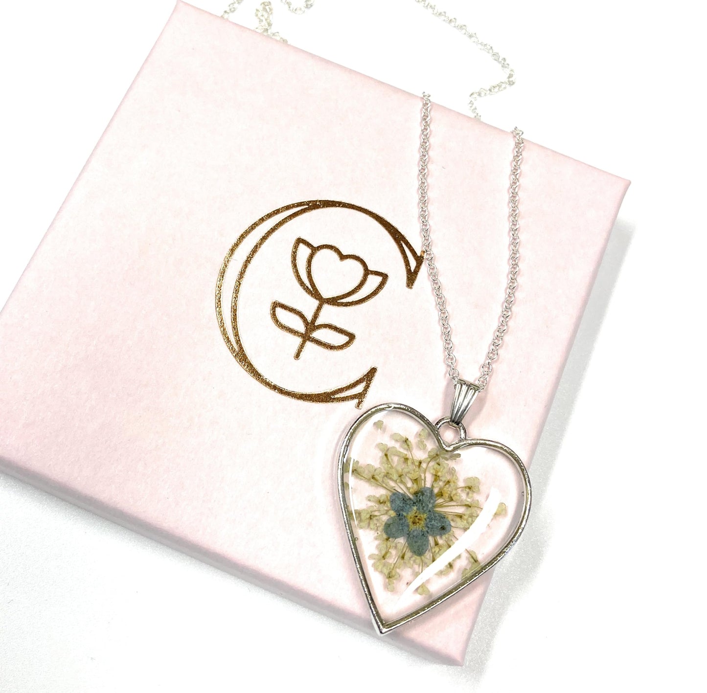 Handmade Forget Me Not and Queen Annes Lace Flower Keepsake Pendant and silver necklace. 13th Lace Anniversary gift (Silver Heart Forget Me Not Pendant)