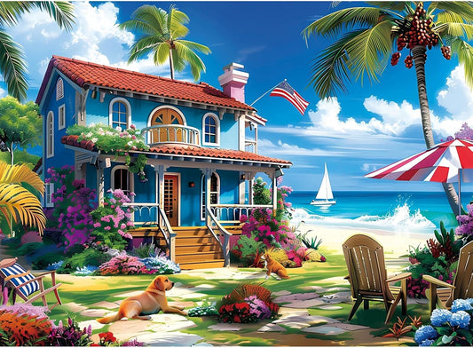300 Pieces Puzzle for Adults | Beach House Puzzle | Recycled Cardboard Large Piece Jigsaw Puzzles 300 Pieces | Challenging Game Home Decor Birthday Party Gift Toy for Adults Kids Seniors 20.5*15 inch