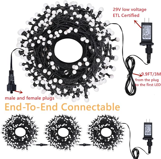 LED Christmas Lights Outdoor,300LED 105Ft 8 Modes Plug-in Connectable Waterproof Globe String Lights for Outdoor & Indoor Decorations (Warm White)