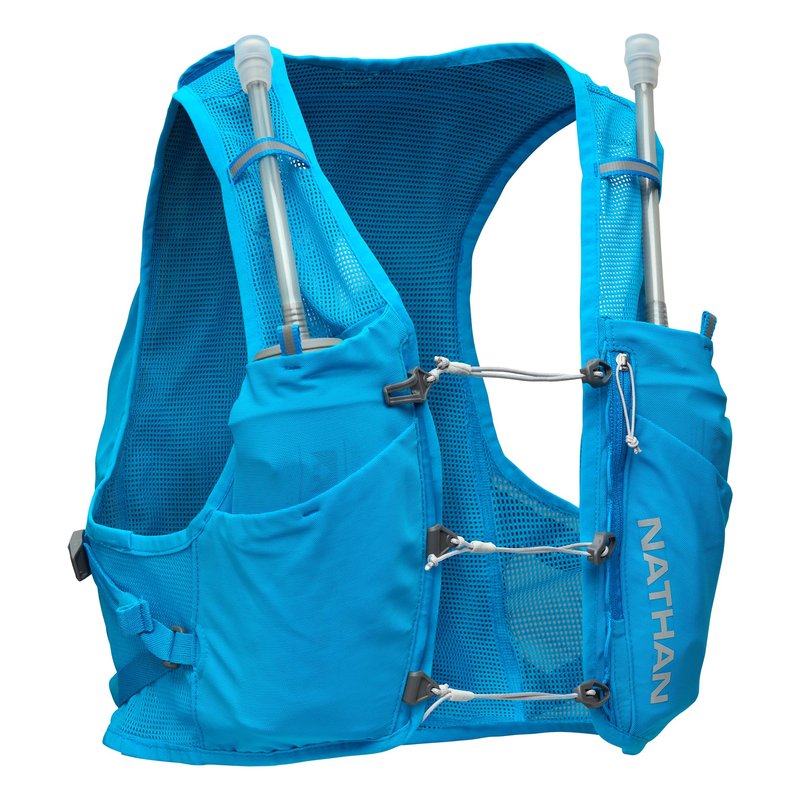 Nathan Unisex Hydration Vest - Lightweight, Quick-Fit Size Adjustment, Details, Includes Two 14oz Hydrapak Flasks, 4L Storage, Six Pockets for Running Essentials,Pinnacle Breeze, Electric Blue, L-XL