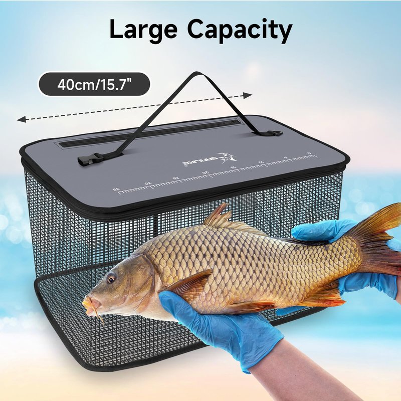 SANLIKE Floating Fishing Basket Collapsible Fishing Net Cage, Rubber Coated Net 24L Fish Basket for Live Caught Fish Minnows Bait Bucket Minnow Trap, Grey