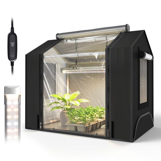 Bstrip Indoor Greenhouse with Grow Light, GM3 Small Grow Tent with Oxford Fabric, Waterproof Base Mat & Ventilation Windows for Seed Starting & Plant Growth, 18W Grow Light with Timer, 23.8x15.7x20.5