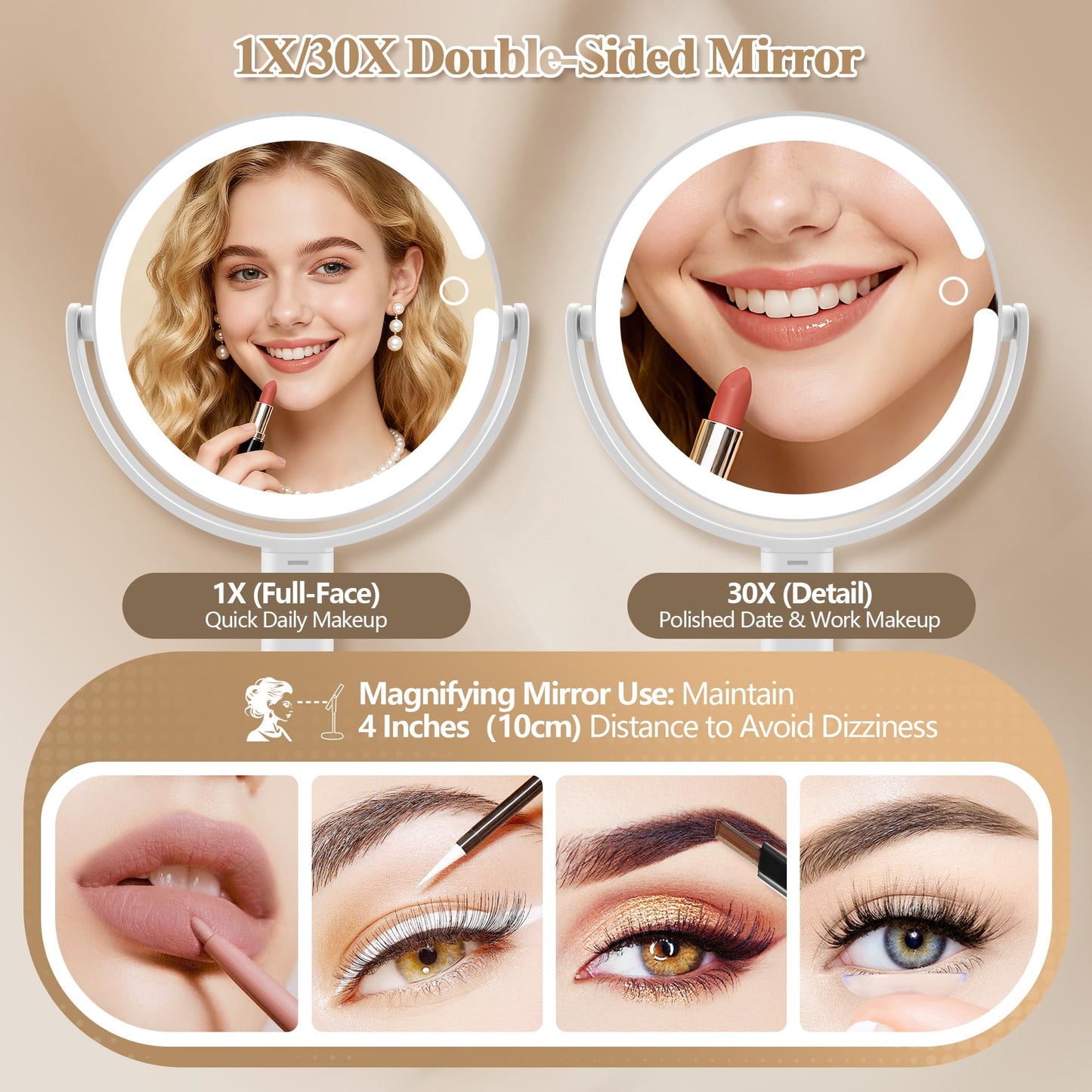 Makeup Mirror with Lights, Double Sided 1x/20x Magnifying Mirror with Light, Rechargeable 3 Color Lights and Adjustable Brightness, 360° Rotation Detachable Comes with Tweezer(Black)