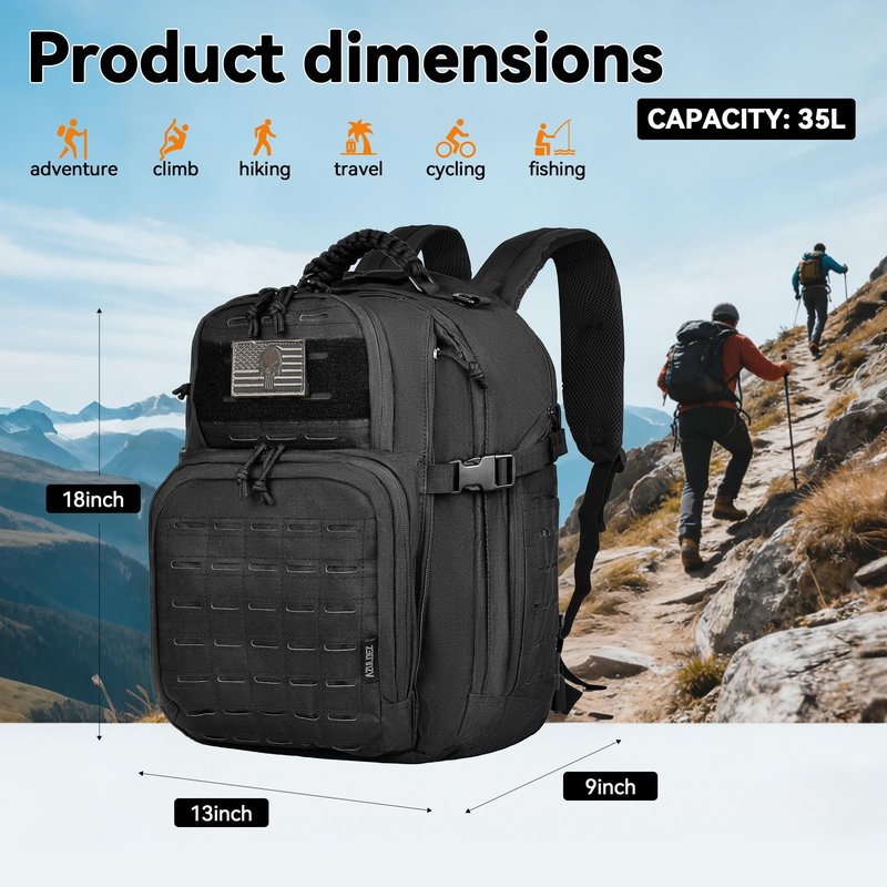 AZULDEZ Military Tactical Backpack for Men, Molle EDC Daypack Work Backpack for Trekking, Army 3 Days Assault Pack & Bug Out Bag with Water Bladder Compartment, Hiking Rucksack