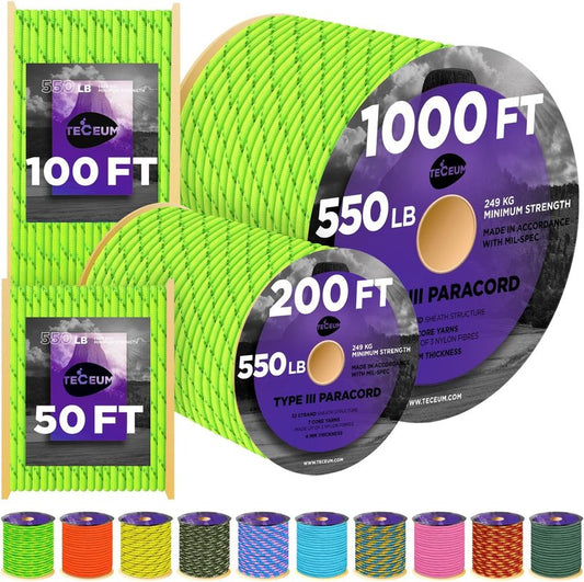Reflective Paracord Rope – 1000ft Utility Rope for Survival, Camping & Hunting | Glow in The Dark, Nylon, 40+ Colors