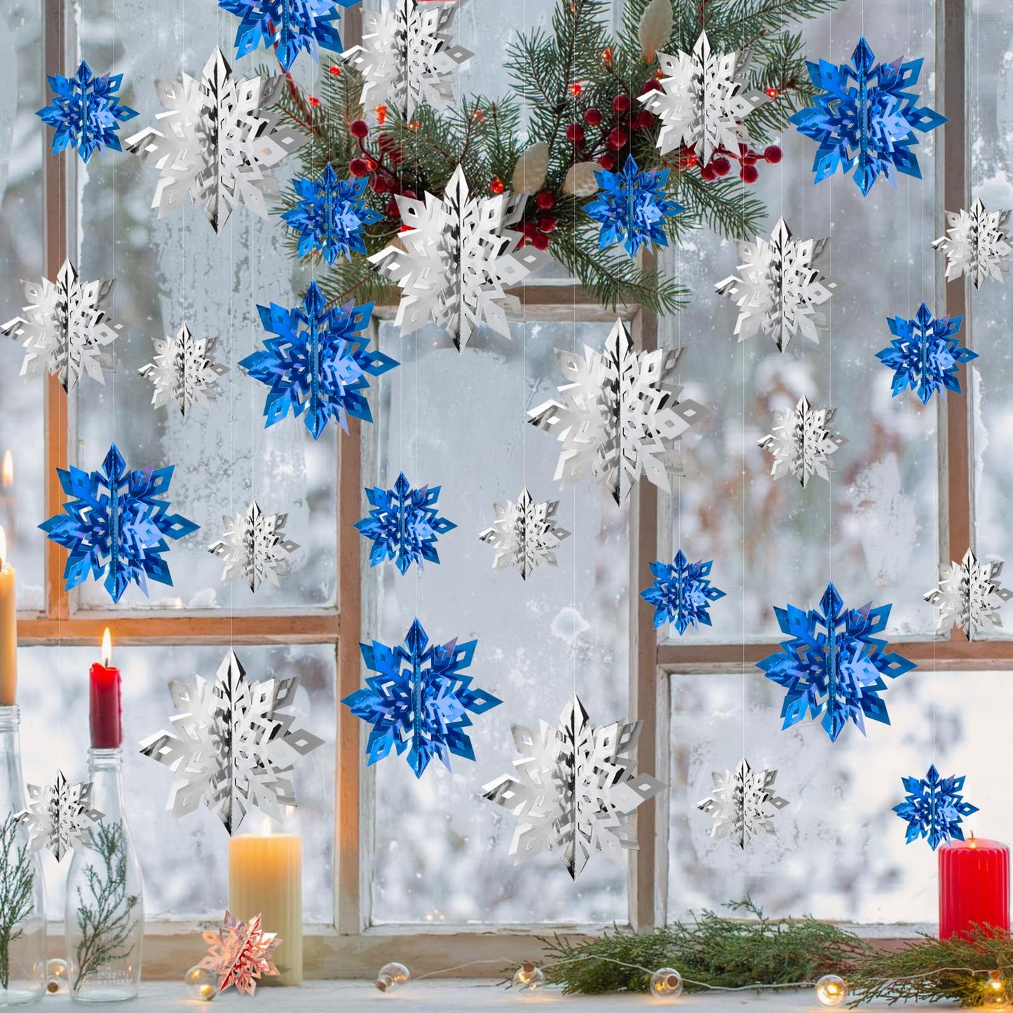 OuMuaMua Winter Christmas Snowflake Decorations Indoor, 24PCS 3D Silver Blue Snowflakes Christmas Hanging Ornaments for Home Xmas Xmas Holiday Winter Wonderland New Year Party Decor Supplies